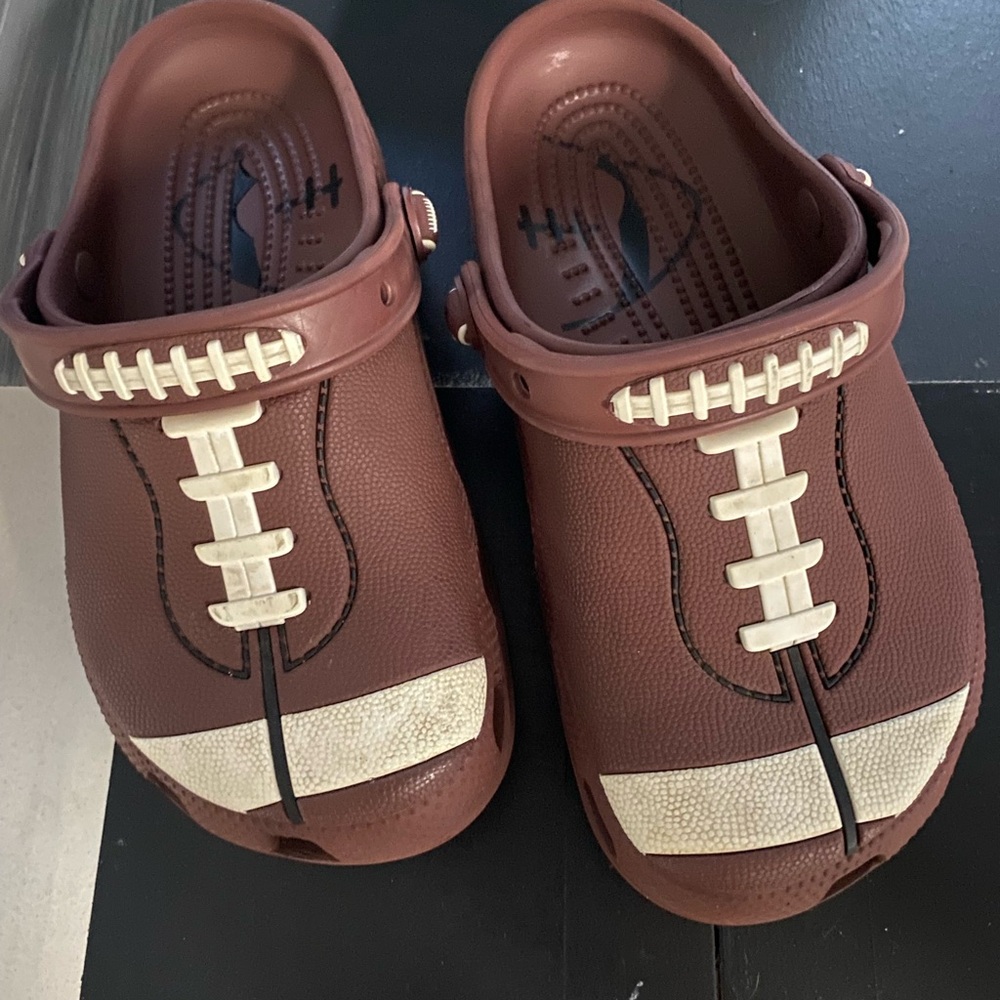 CROCS Kids Brown Football-Design Clogs with Cream Accents